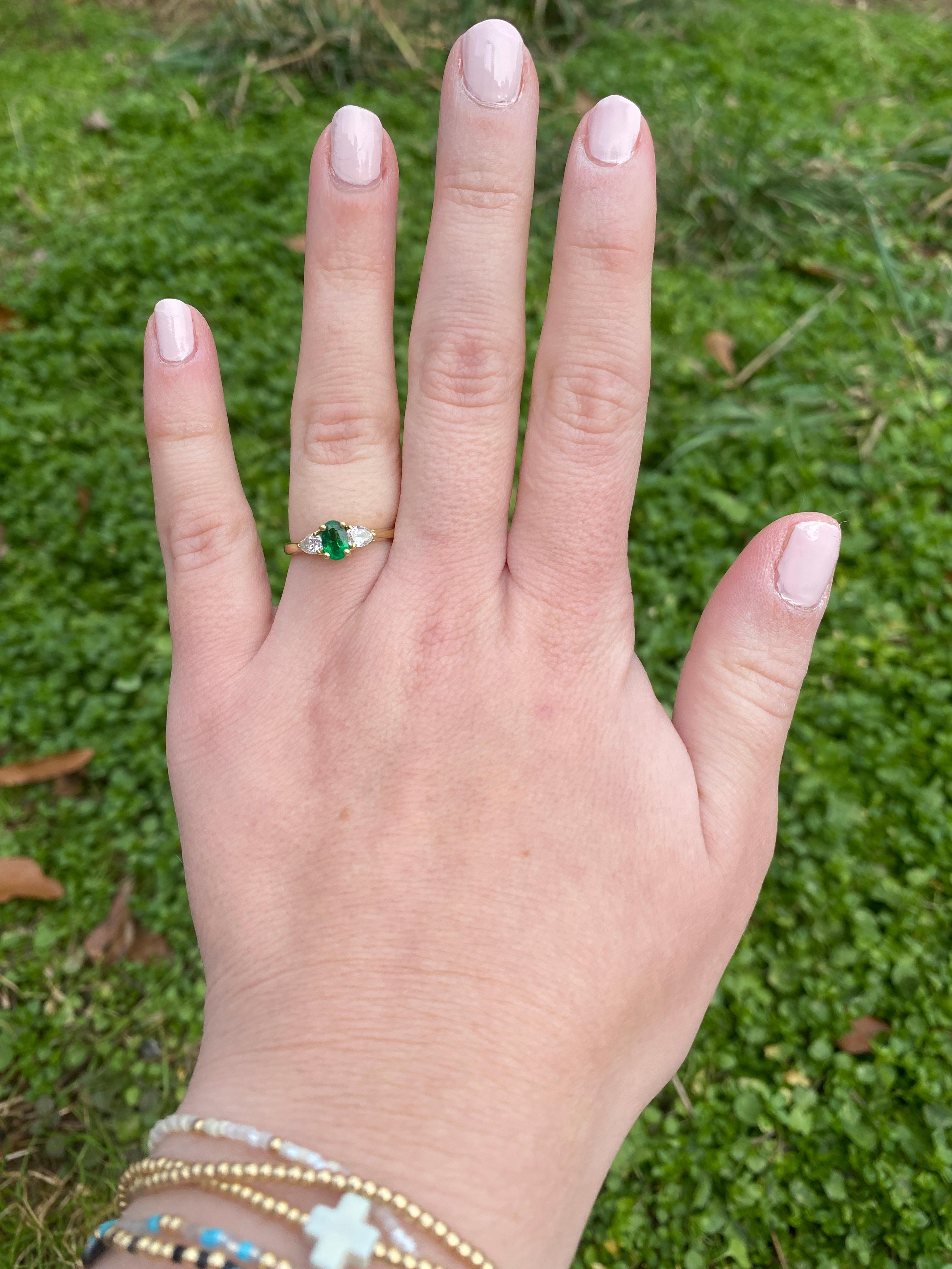 0.90ctw Diamond and Emerald Three Stone Ring, 18k Yellow Gold, Ring Size 6.75 2