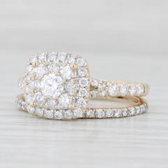0.90ctw Diamond Cluster Halo Engagement Ring Wedding Band Bridal Set 14k Gold