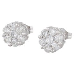 0.90ctw Diamond Cluster Stud Earrings 14k White Gold Flower Studs