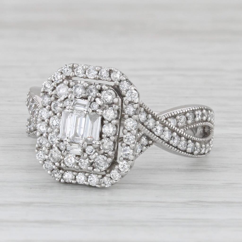 0.90ctw Diamond Double Halo Engagement Ring 14k White Gold Size 7 In Good Condition In McLeansville, NC