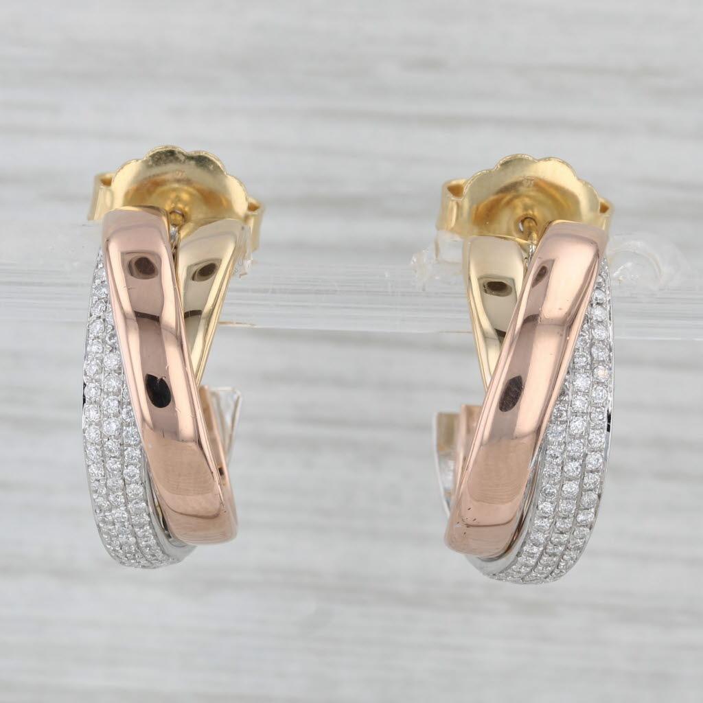 Taille ronde Créoles superposées en or jaune, blanc et rose 18 carats avec diamants de 0,90 carat en vente