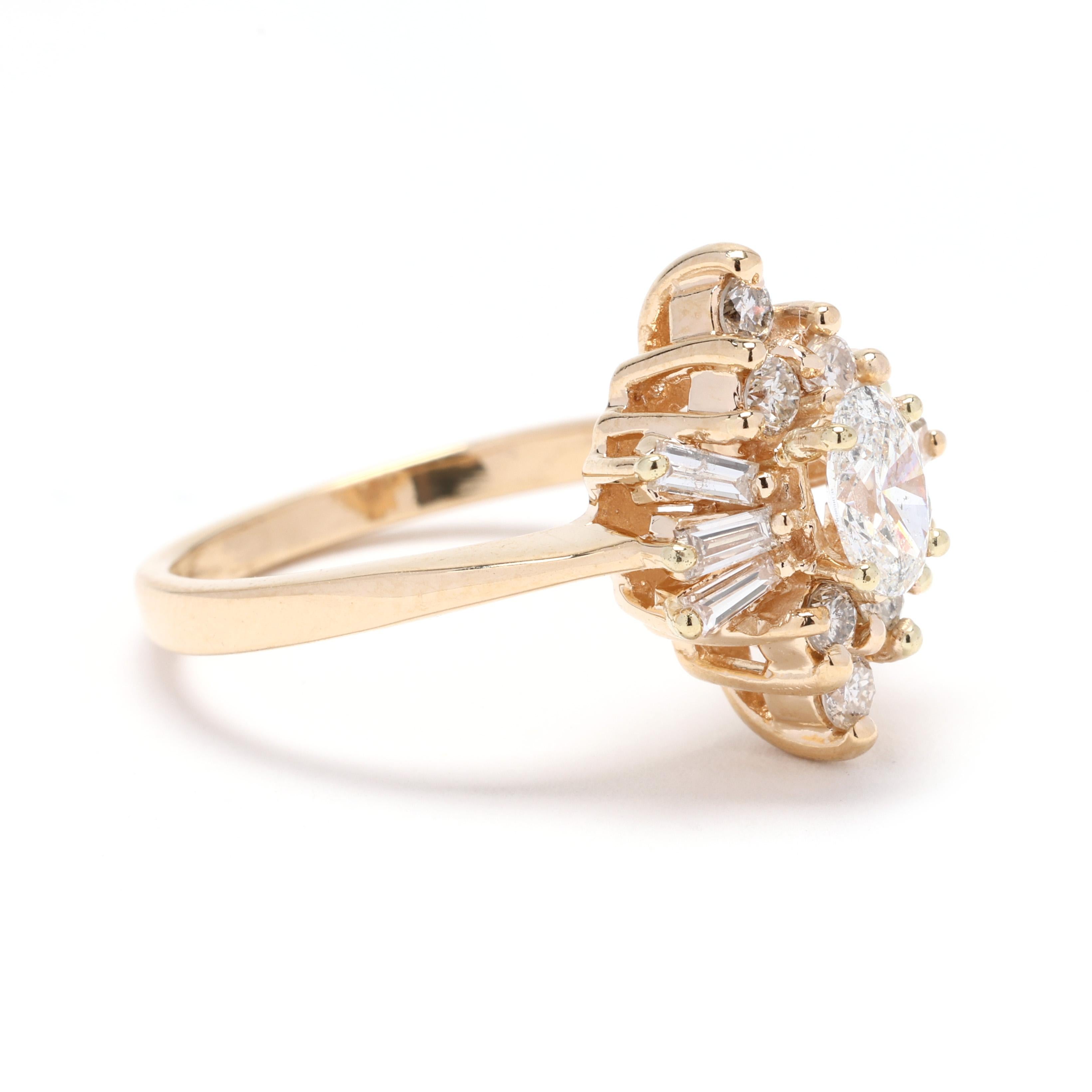 Taille ovale Bague navette en or jaune 14 carats avec diamants de 0,90 carat, taille de bague 6,75, grappe de diamants en vente