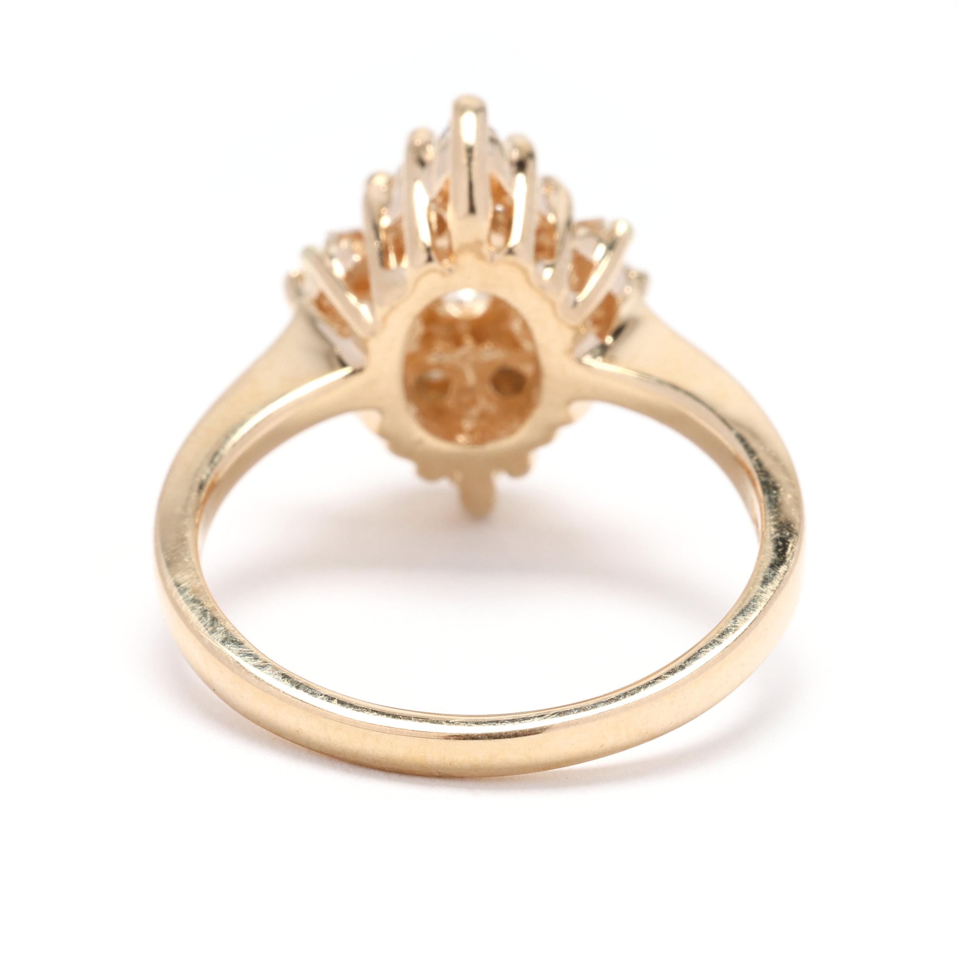 Bague navette en or jaune 14 carats avec diamants de 0,90 carat, taille de bague 6,75, grappe de diamants Bon état - En vente à McLeansville, NC