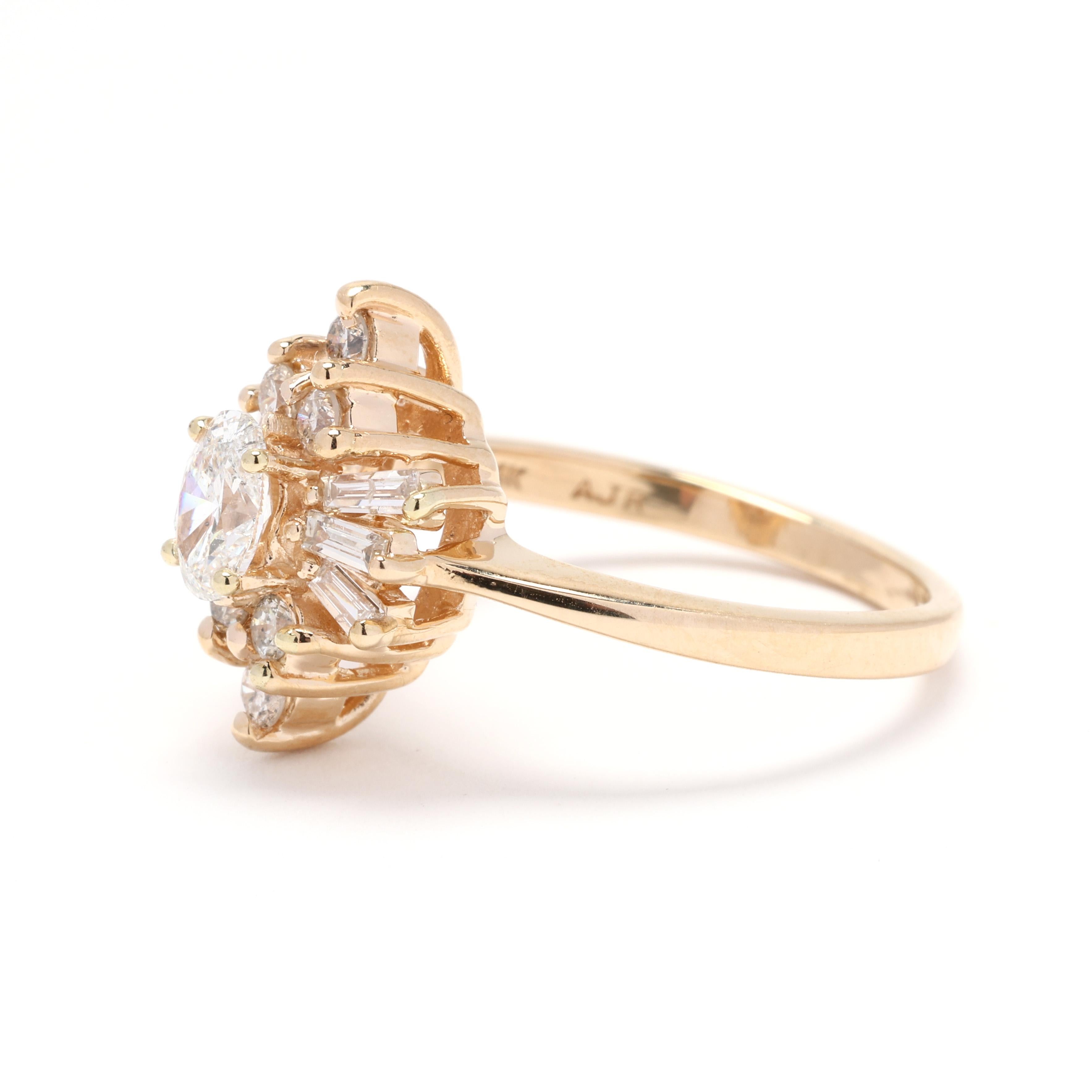 Bague navette en or jaune 14 carats avec diamants de 0,90 carat, taille de bague 6,75, grappe de diamants Pour femmes en vente