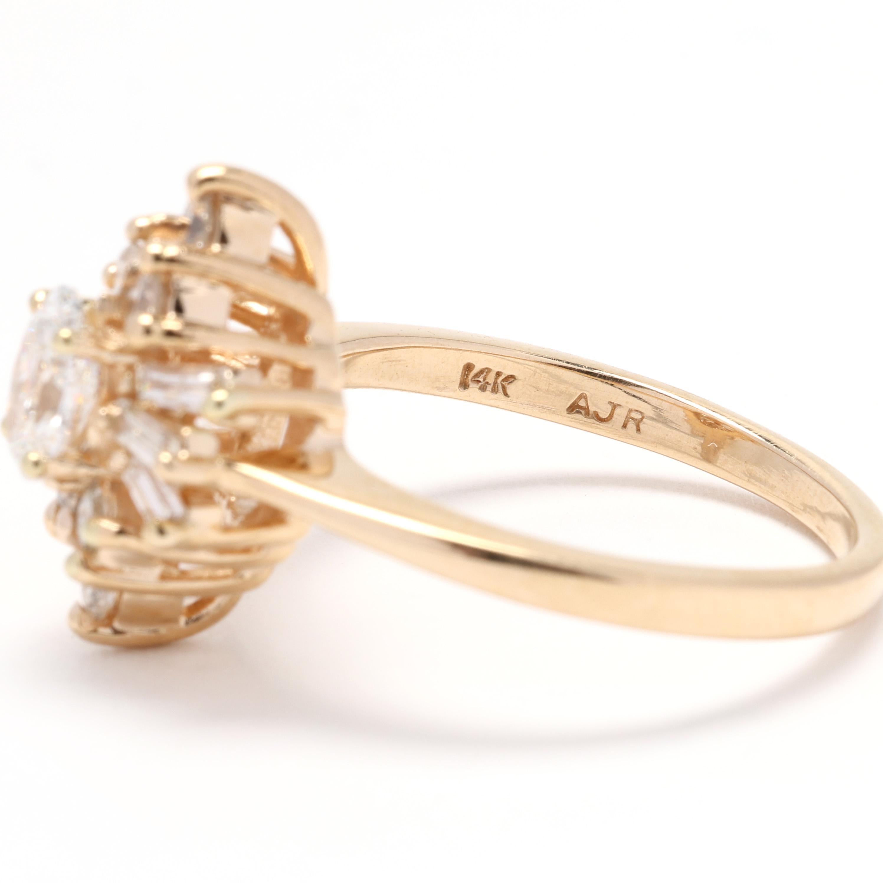 Bague navette en or jaune 14 carats avec diamants de 0,90 carat, taille de bague 6,75, grappe de diamants en vente 1