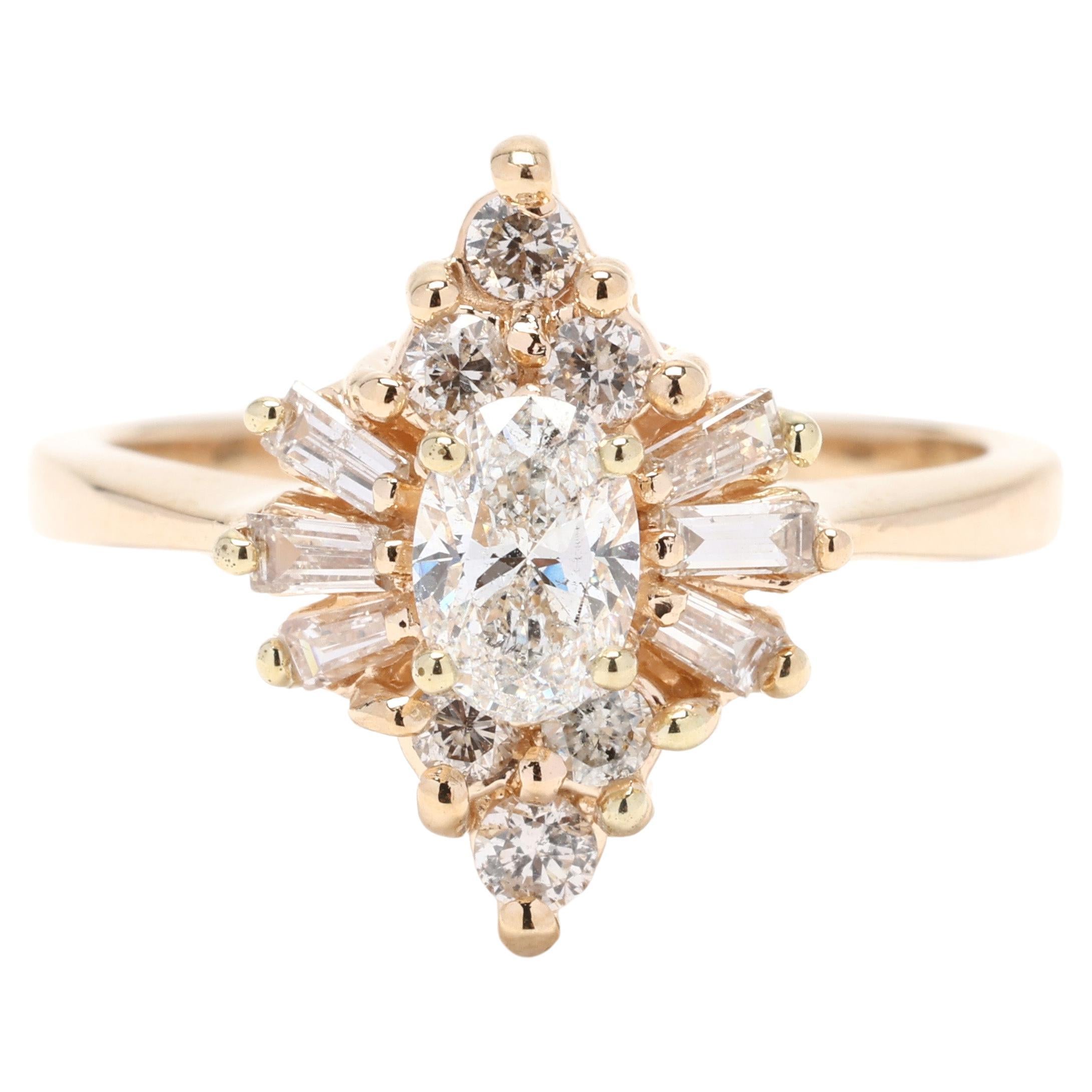 Bague navette en or jaune 14 carats avec diamants de 0,90 carat, taille de bague 6,75, grappe de diamants