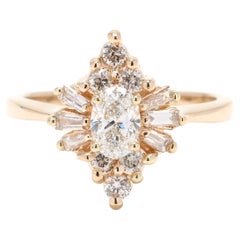 Bague navette en or jaune 14 carats avec diamants de 0,90 carat, taille de bague 6,75, grappe de diamants