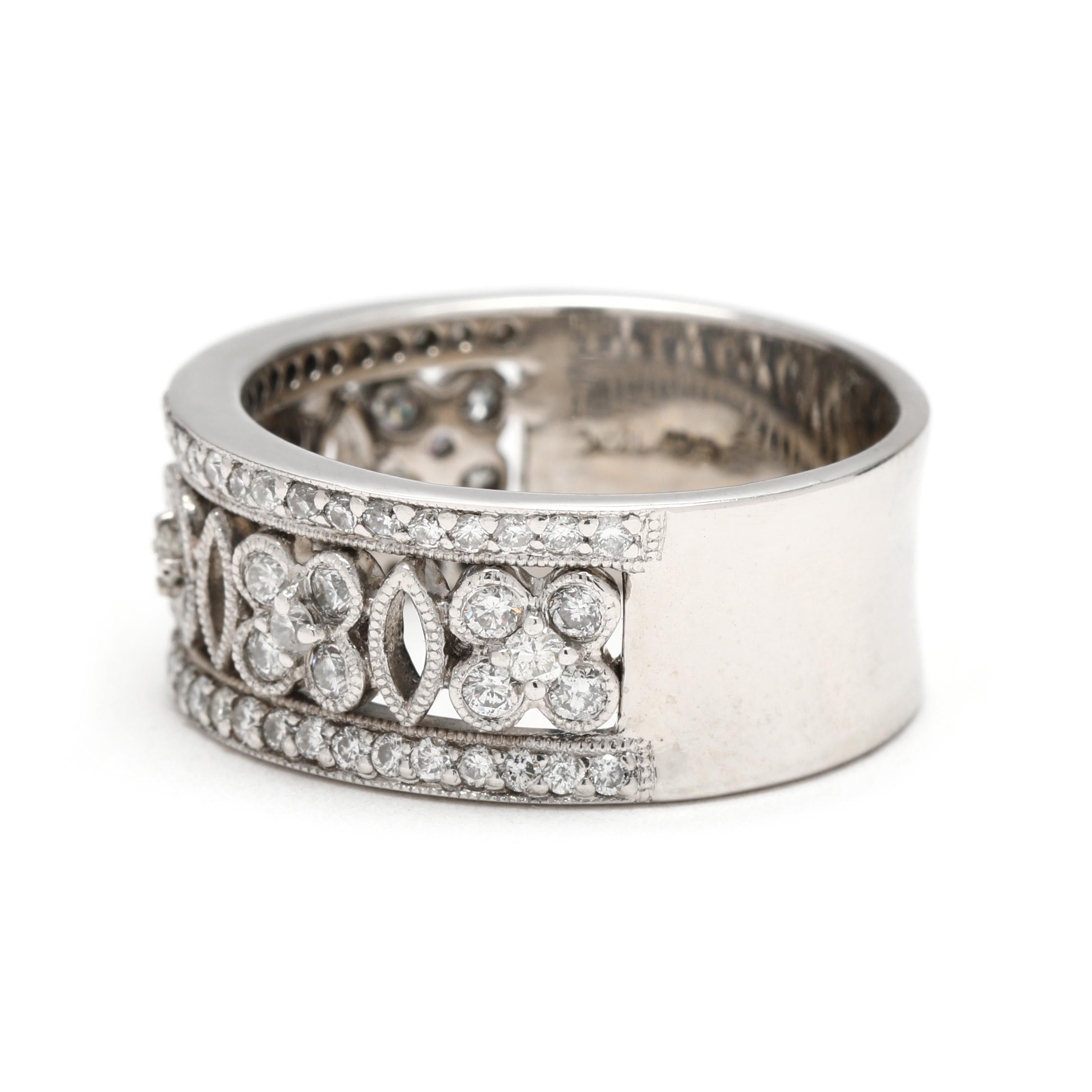 0.90ctw Diamond Thick Flower Cluster Band Ring, 14k White Gold, Ring Size 7.25 en Bueno estado para la venta en McLeansville, NC