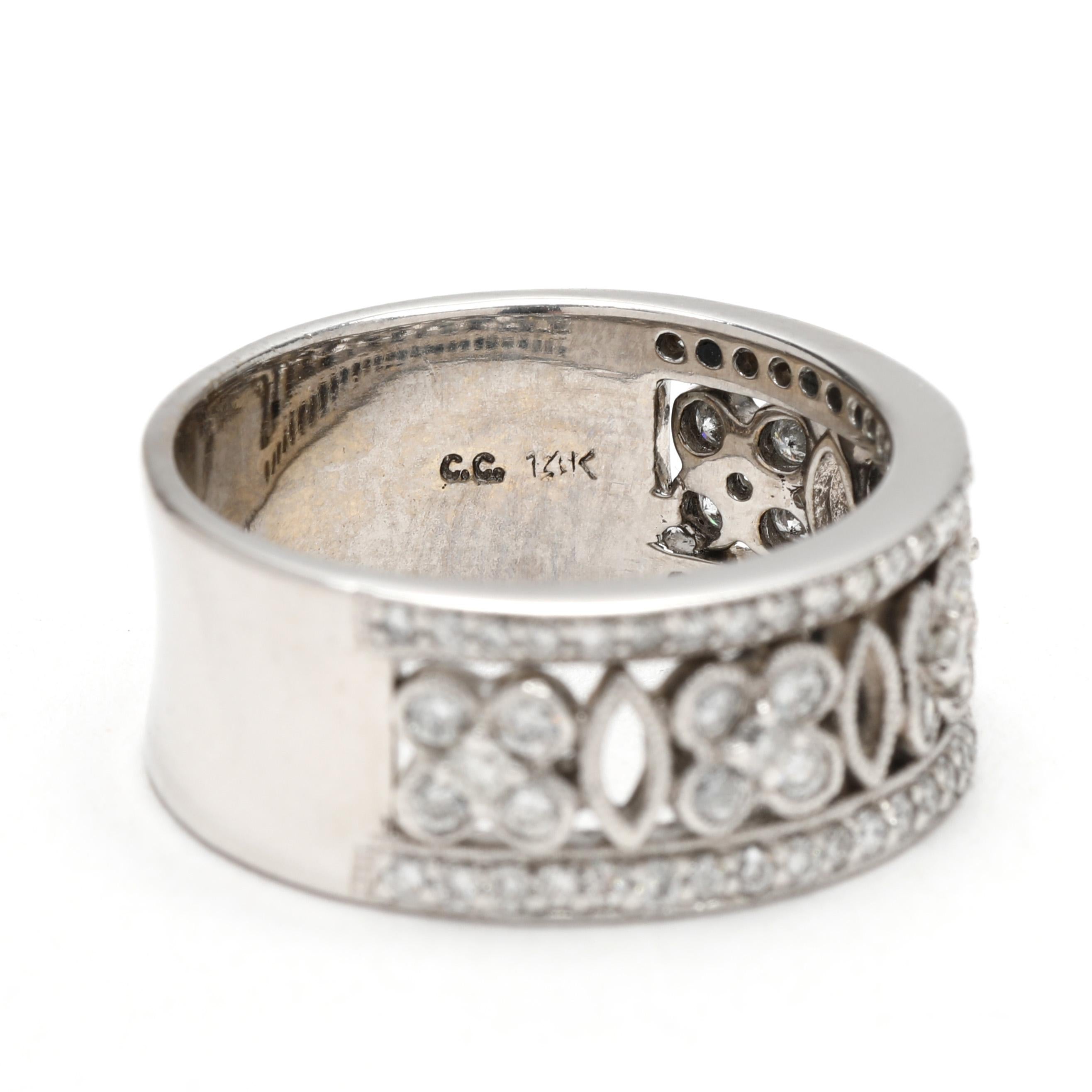 Femenino o masculino 0.90ctw Diamond Thick Flower Cluster Band Ring, 14k White Gold, Ring Size 7.25 en venta
