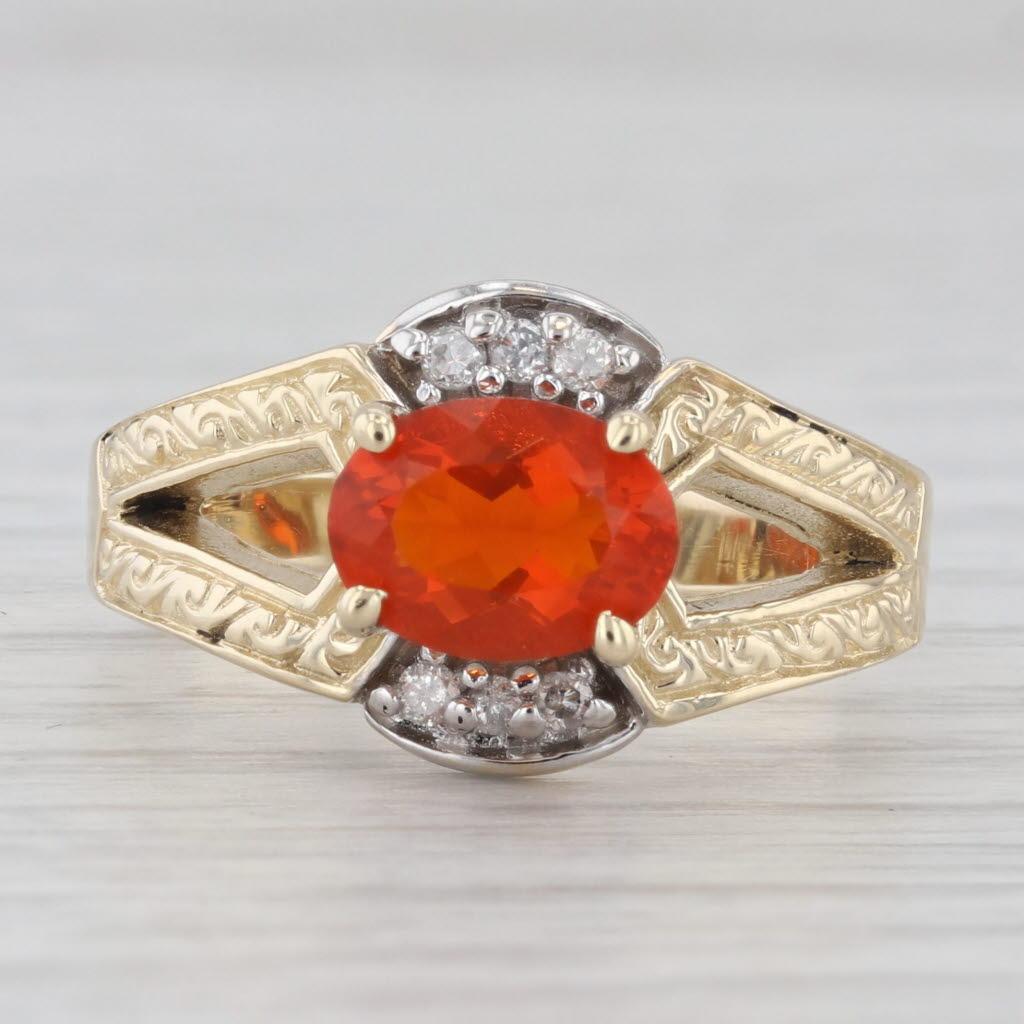 0.90ctw Orange Fire Opal Diamond Ring 14k Yellow Gold Size 7.25 In Good Condition In McLeansville, NC