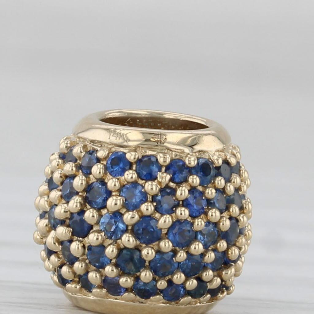 Round Cut 0.90ctw Pave Blue Sapphire Bead Charm 14k Yellow Gold Slide