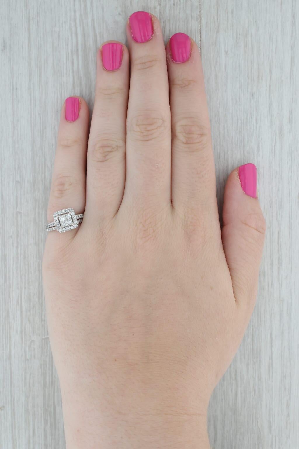 0.90ctw Princess Diamond Halo Engagement Ring Wedding Band 14k White Gold Size 6 For Sale 5