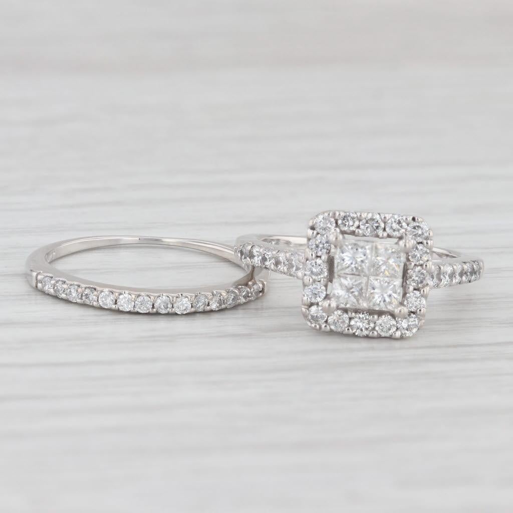 Princess Cut 0.90ctw Princess Diamond Halo Engagement Ring Wedding Band 14k White Gold Size 6 For Sale