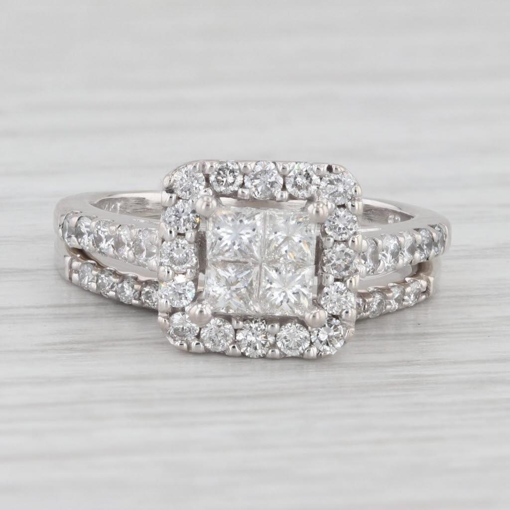 0.90ctw Princess Diamond Halo Engagement Ring Wedding Band 14k White Gold Size 6 For Sale 3