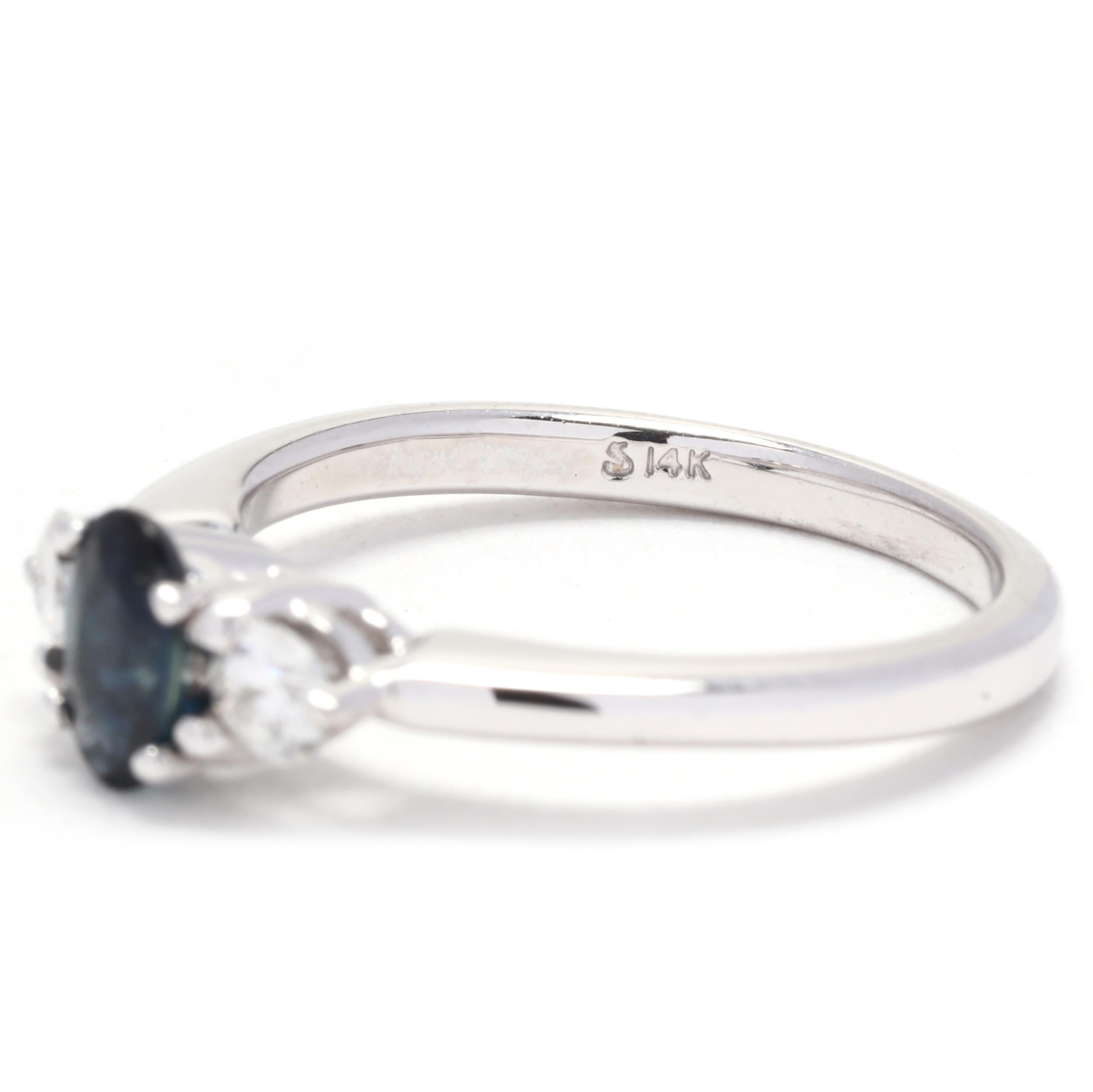 Women's or Men's 0.90ctw Sapphire Diamond Engagement Ring, 14K White Gold, Ring Size 5 For Sale