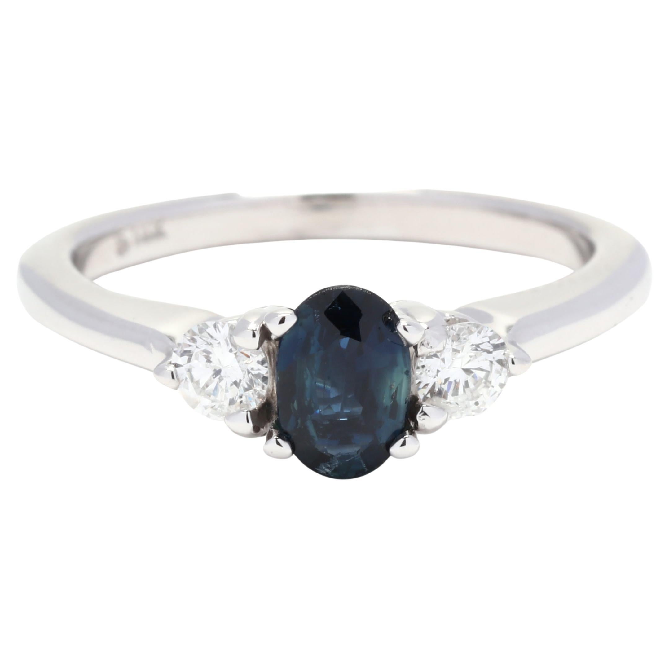 0.90ctw Sapphire Diamond Engagement Ring, 14K White Gold, Ring Size 5 For Sale