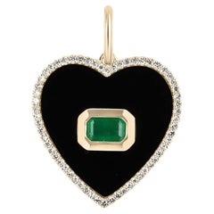 0.90tcw 14K Bezel Set Emerald Cut Emerald in Onyx Heart with Diamond Halo
