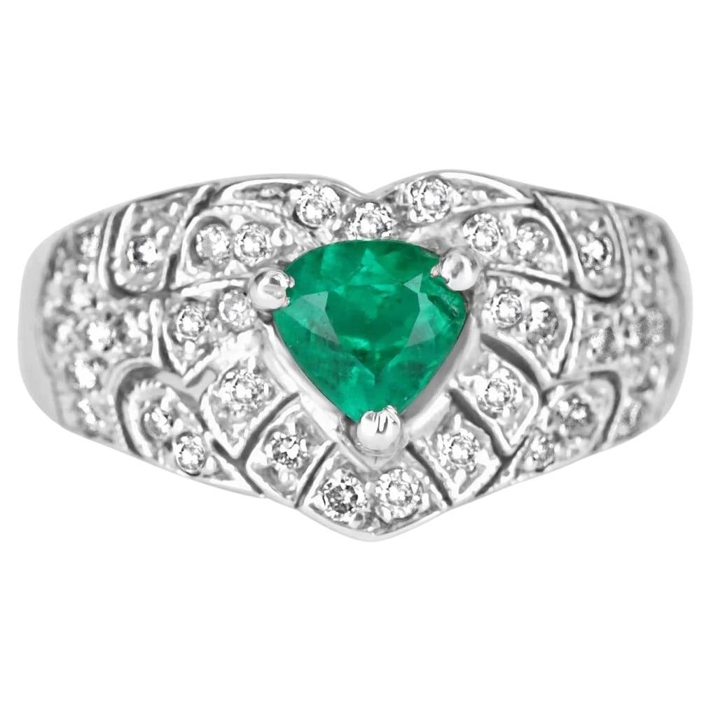 0.90tcw 14K Colombian Emerald-Trilliant Cut & Diamond Cluster Statement Ring For Sale