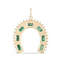0.90tcw 14K Natural Emerald Horseshoe Pendant Necklace Baguette Emerald Lucky