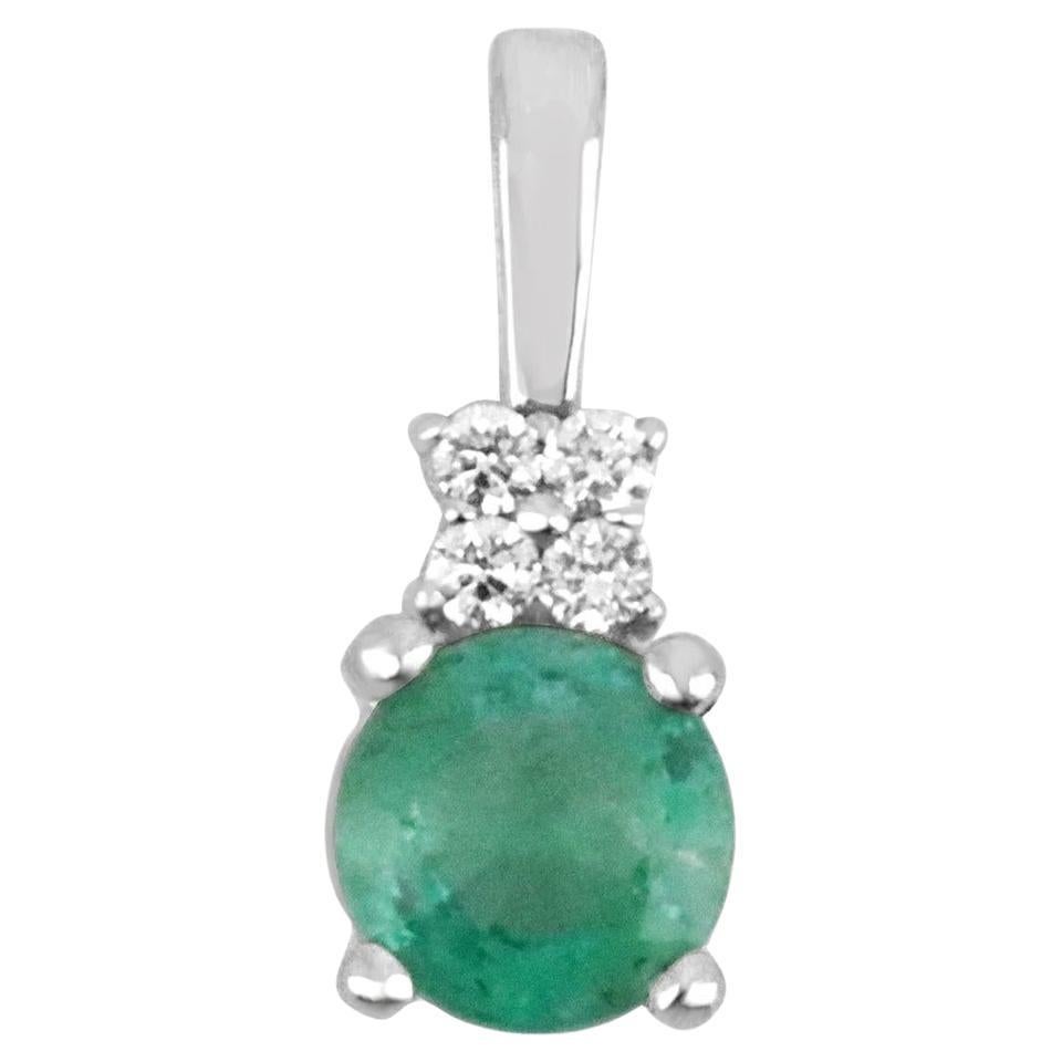 0.90tcw 14K Natural Emerald Round Cut Emerald & Diamond Accent Pendant For Sale