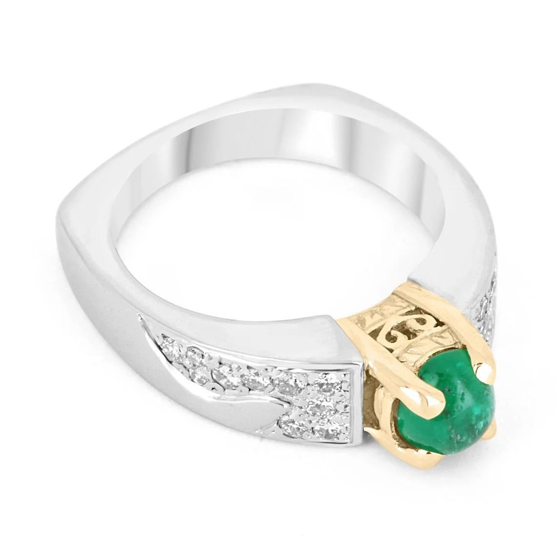 Featured is a lovely emerald cabochon & diamond ring. The center stone carries a petite 0.70-carats Colombian emerald cabochon, displaying a grogeous green color and very good luster. Accented on the sides are dainty, brillaint round diamonds pave