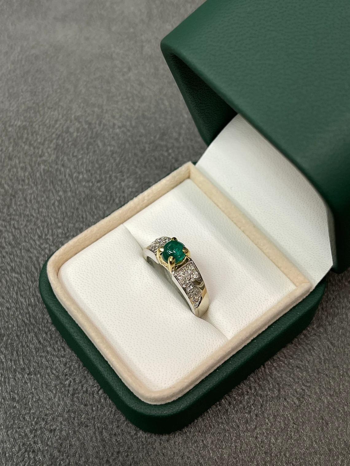 0.90tcw 18K Oval Natural Emerald Cabochon & Diamond Statement Ring For Sale 3