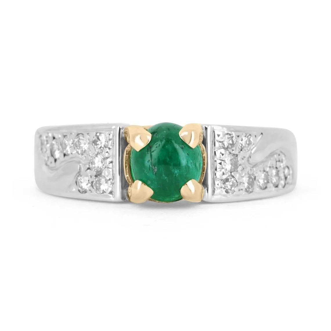 0.90tcw 18K Oval Natural Emerald Cabochon & Diamond Statement Ring For Sale