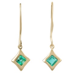 0.90tcw Natural Colombian Emerald Asscher Cut Solitaire Dangle Earrings 14K