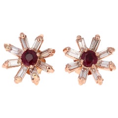 0.91 Carat Baguette Diamond and Ruby 14 Karat Rose Gold Stud Earrings