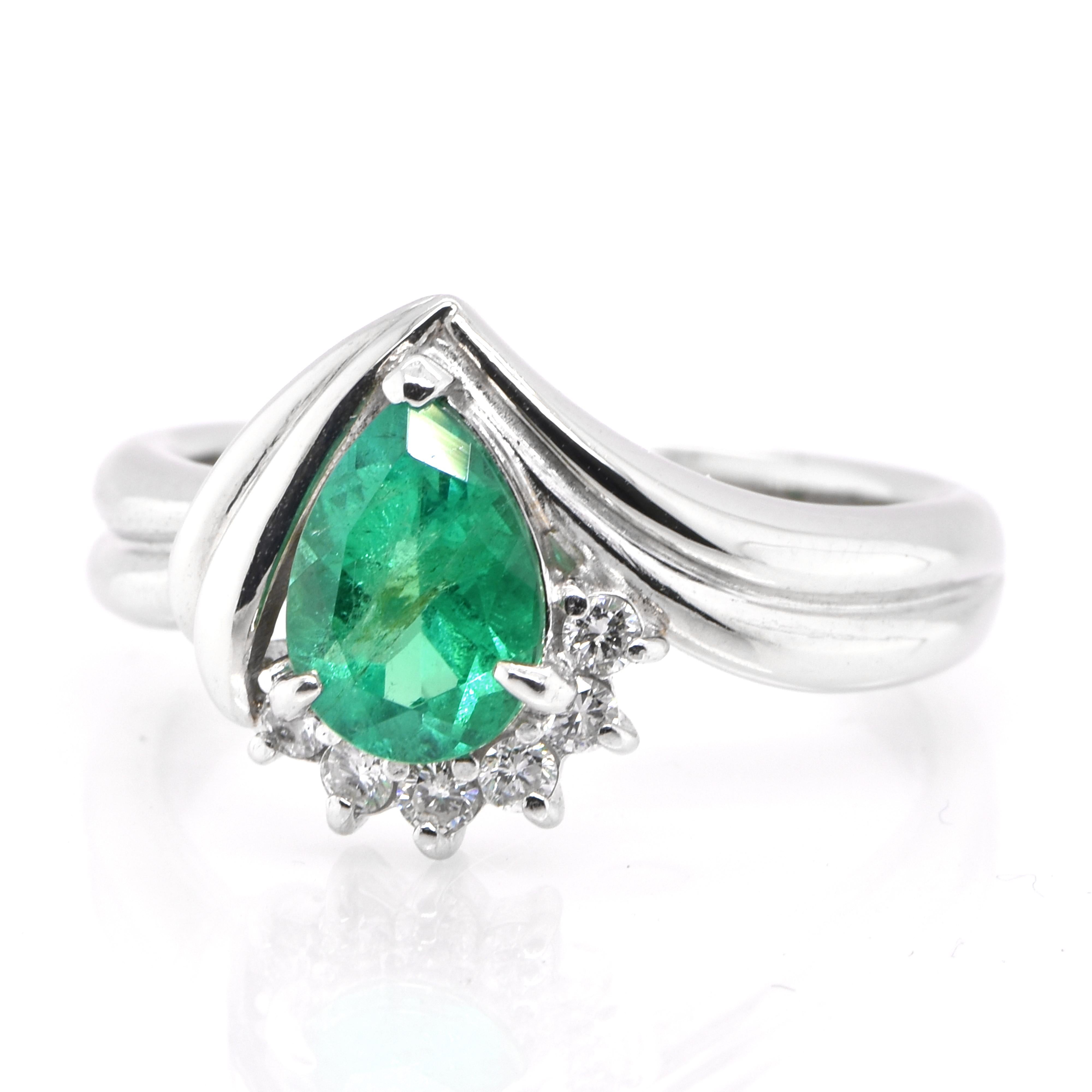 A stunning ring featuring a 0.912 Carat Natural Colombian Emerald and 0.12 Carats of Diamond Accents set in Platinum. People have admired emerald’s green for thousands of years. Emeralds have always been associated with the lushest landscapes and