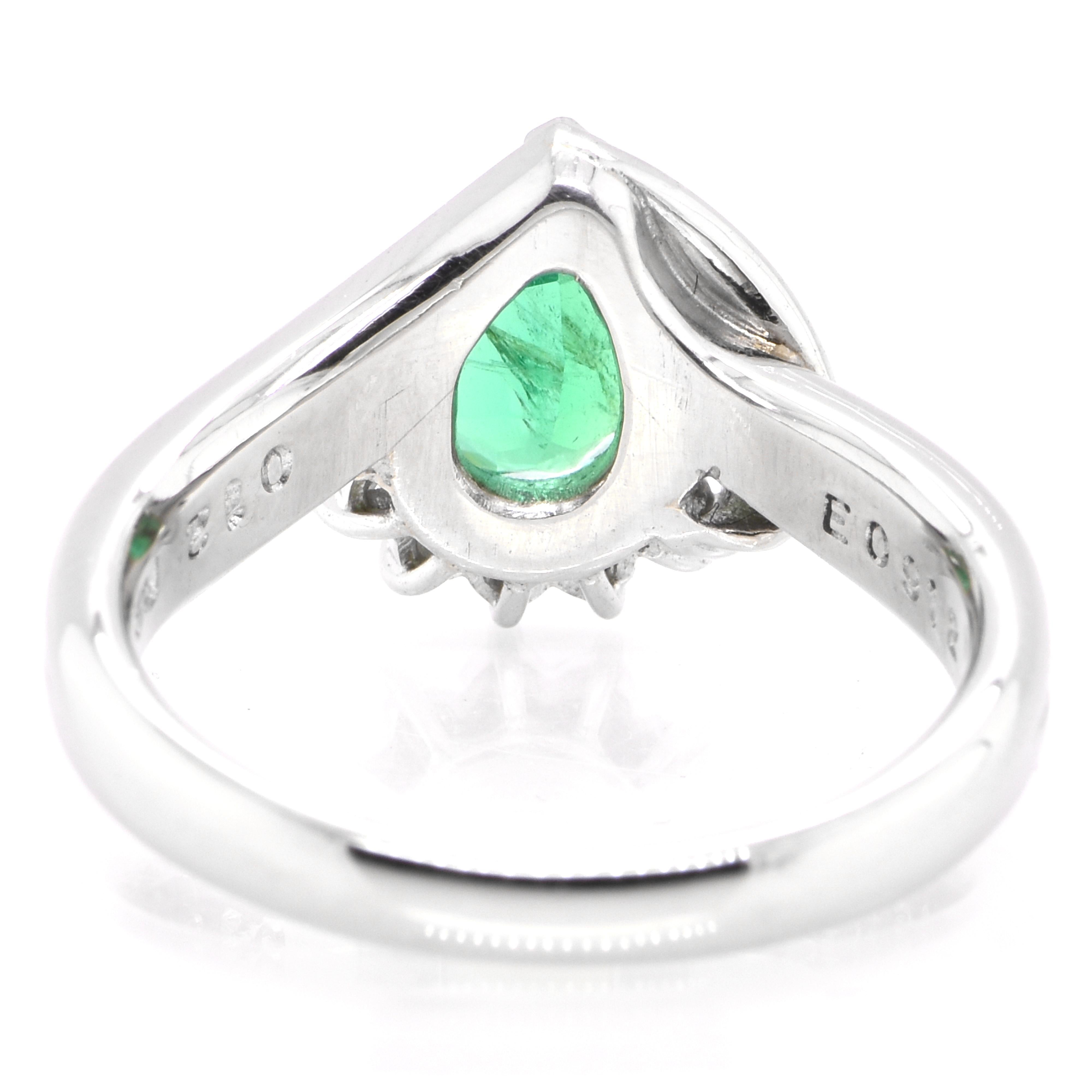 Women's 0.91 Carat Colombian, Pear-Cut Emerald and Diamond Ring Set in Platinum For Sale