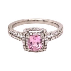 0.91 Carat Cushion Cut Padparadscha Sapphire and Diamond Ring in 18k White Gold