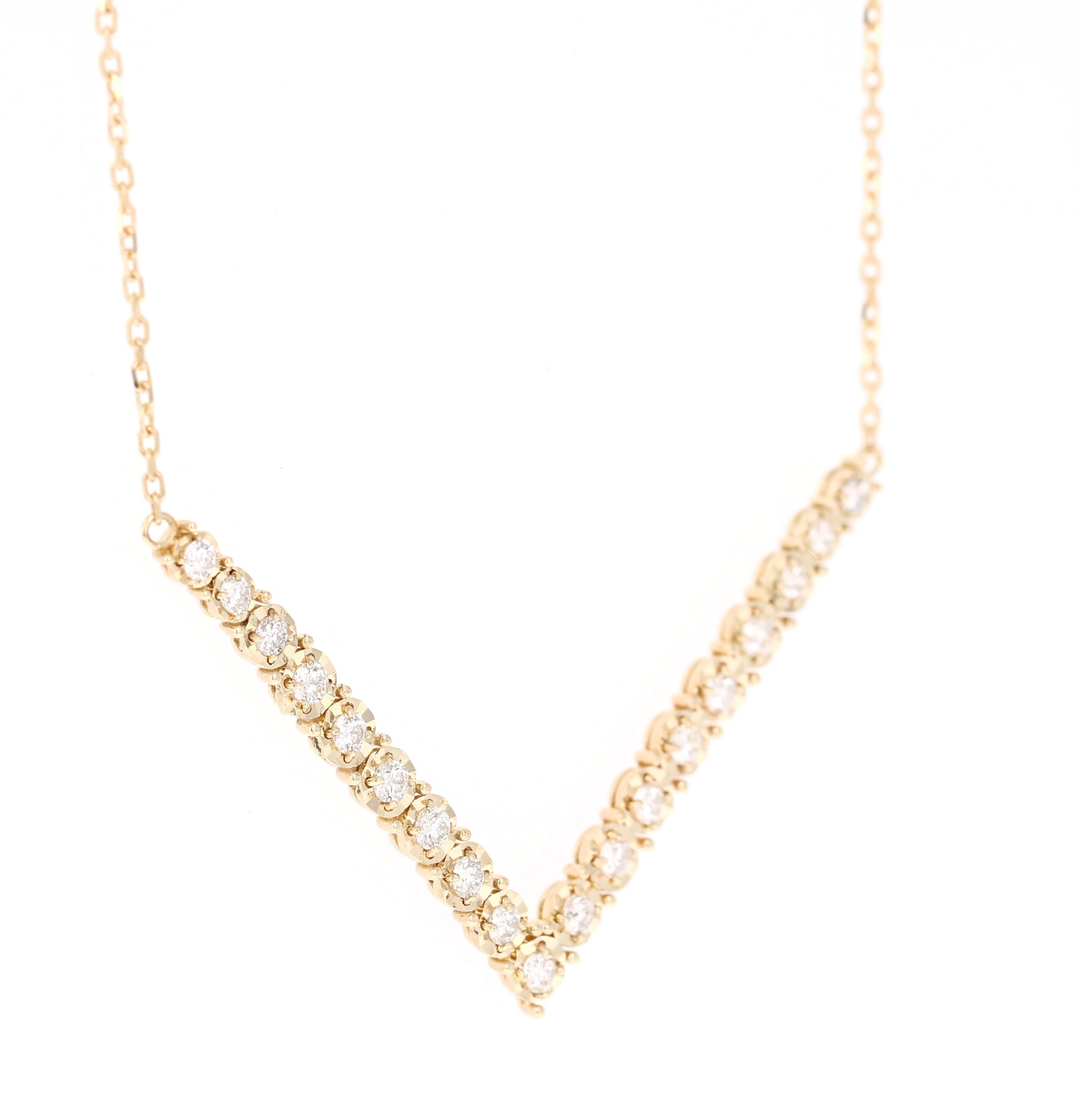 Beautiful, Bold and yet Dainty..

 This Chain Necklace has a V-Shaped Necklace that has 19 Round Cut Diamonds (Clarity: SI, Color: F) that weigh 0.91 Carats. The Clarity and Color of the diamonds are SI-F. 

It is beautifully curated in 14 Karat
