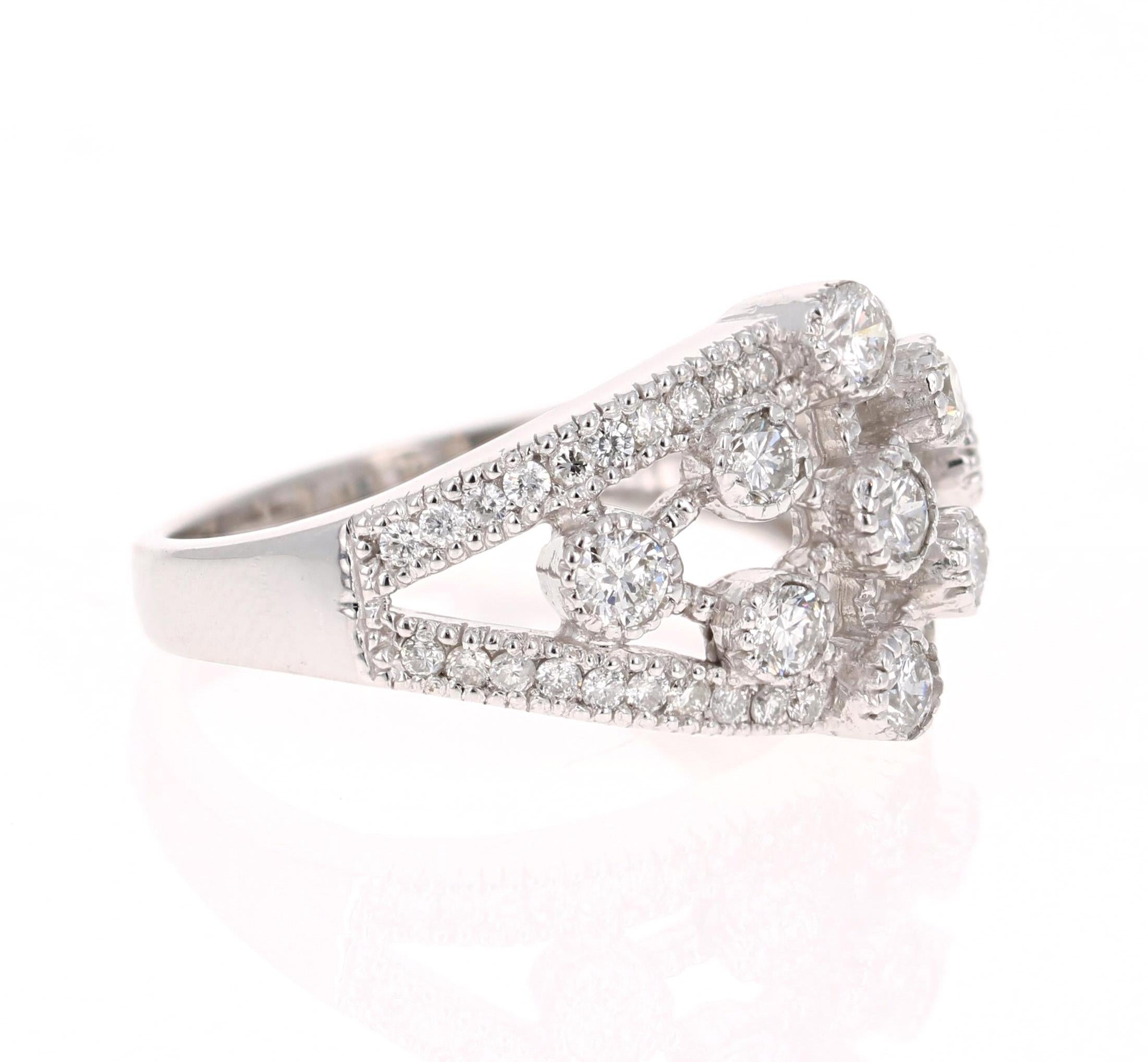 A simple cocktail/statement band. It has 49 Round Cut Diamonds that weigh 0.91 Carats. (Clarity: SI, Color: F)
Very much on trend with the modern day rings. A ring that screams #girlpower #bossbabe #bosslady for the independent and strong! 
Great as