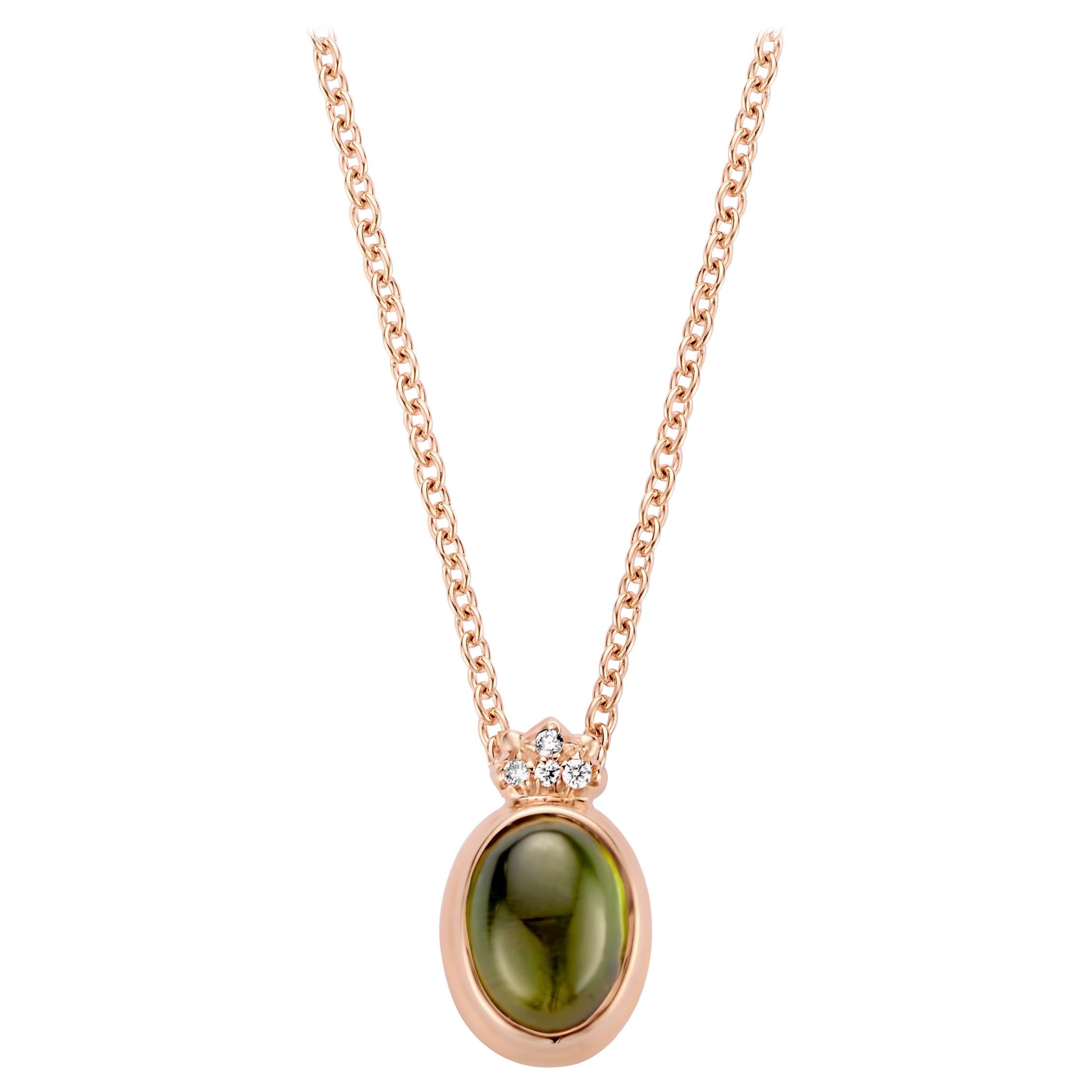 One of a kind lucky beetle necklace in 18K rose gold 3,7g set with the finest diamonds in brilliant cut 0,02Ct (VVS/DEF quality) and one natural, green tourmaline in oval cabochon cut 0,91Ct. The chain is 42 cm long.

Celine Roelens, a goldsmith and
