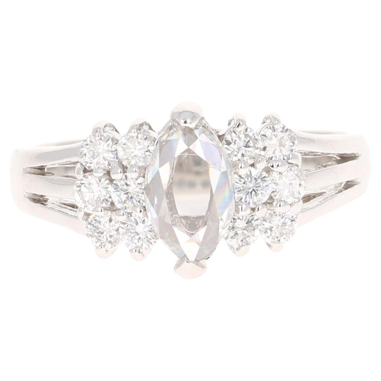 0.91 Carat Marquise Rose Cut Diamond Engagement Ring 14 Karat White Gold