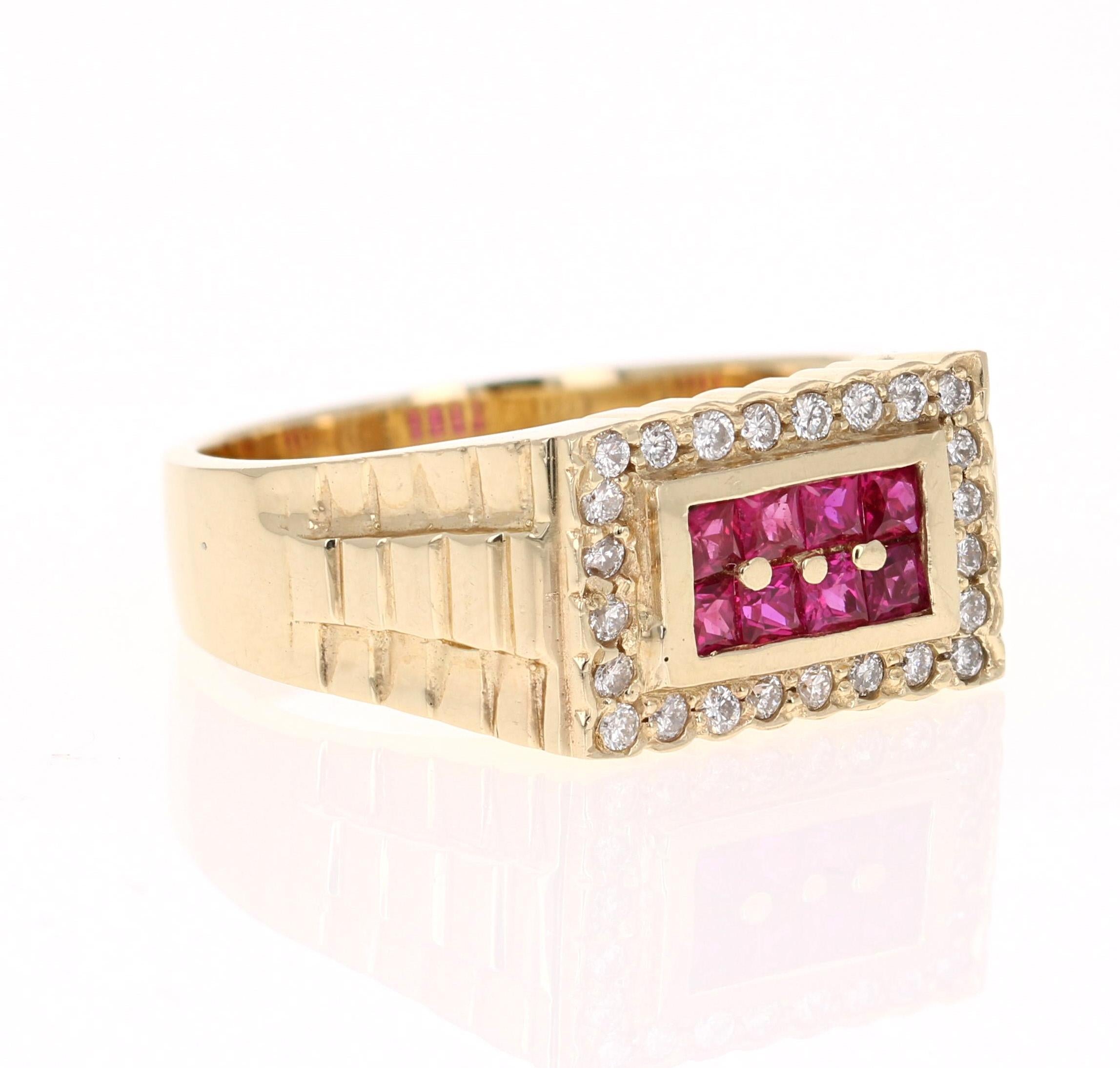 
This amazing piece is set with 8 Rubies that weigh 0.62 Carats and 24 Round Cut Diamonds that weigh 0.29 Carats. The Total Carat Weight of the ring is 0.91 Carats. 

It is beautifully curated in 14 Karat Yellow Gold and weighs approximately 10.1