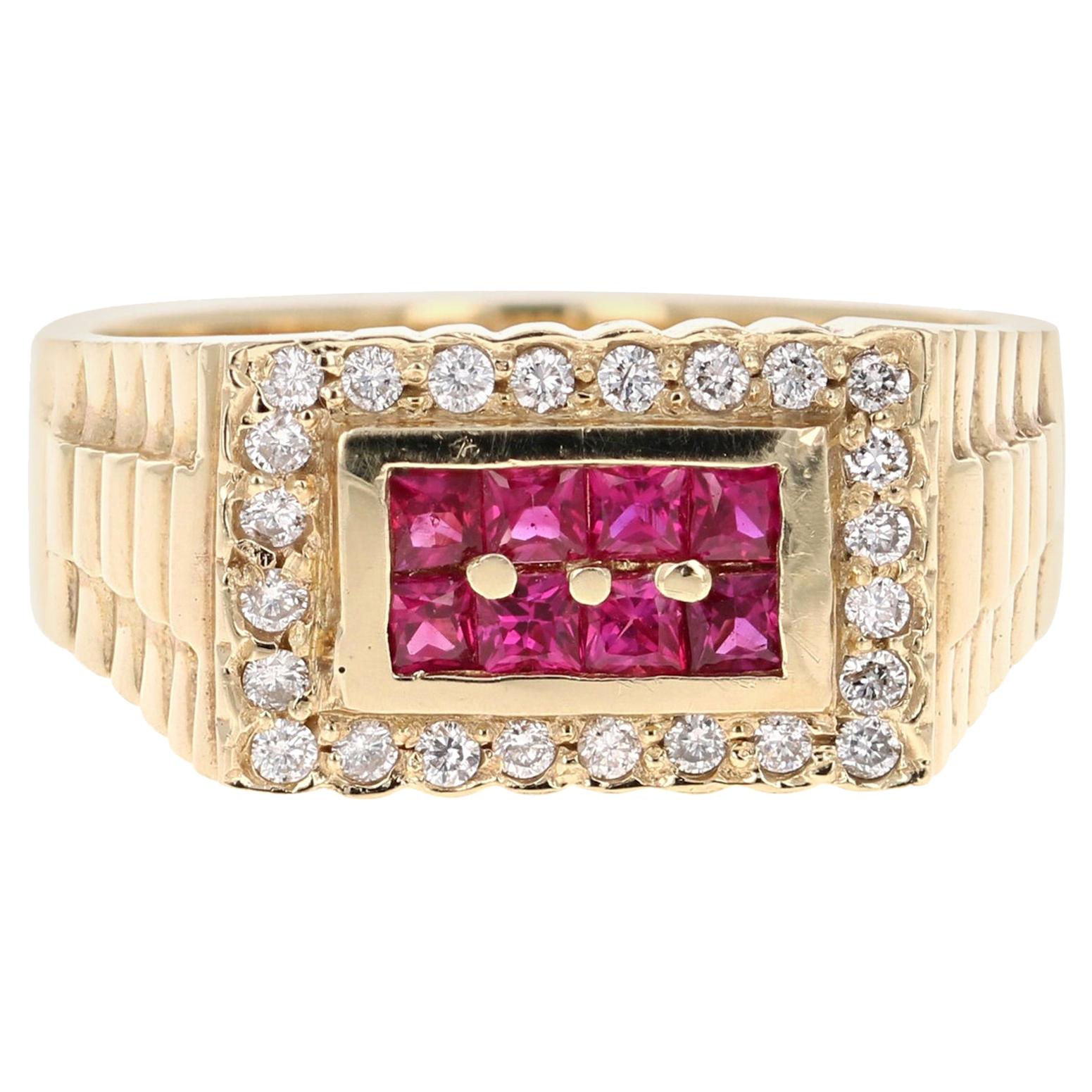 0.91 Carat Ruby Diamond Yellow Gold Mens Ring For Sale