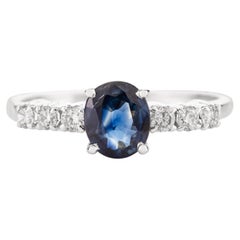 0.91 Carat Natural Blue Sapphire and Diamond Ring in 14k Solid White Gold