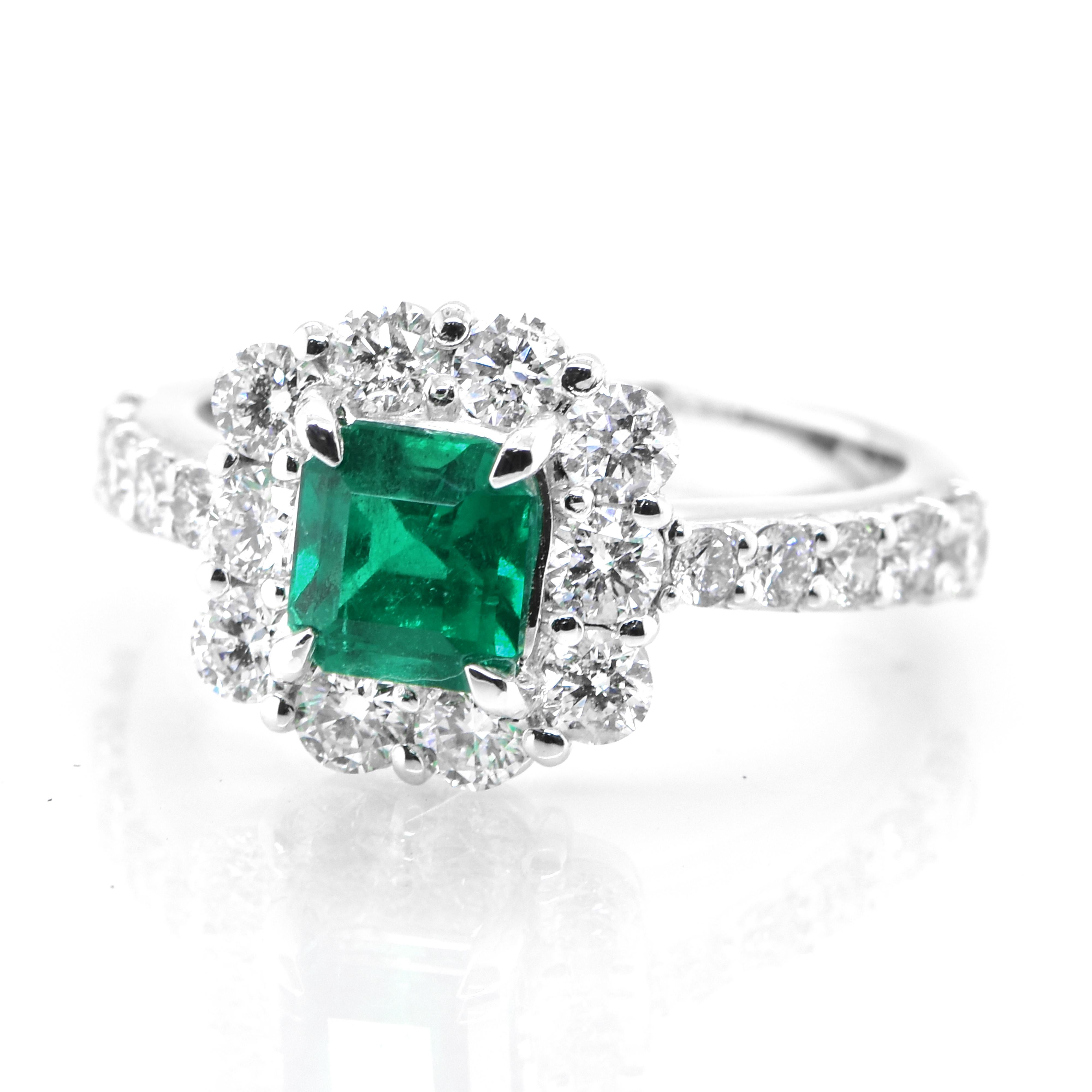A stunning ring featuring a 0.91 Carat Natural Emerald and 1.13 Carats of Diamond Accents set in Platinum. People have admired emerald’s green for thousands of years. Emeralds have always been associated with the lushest landscapes and the richest