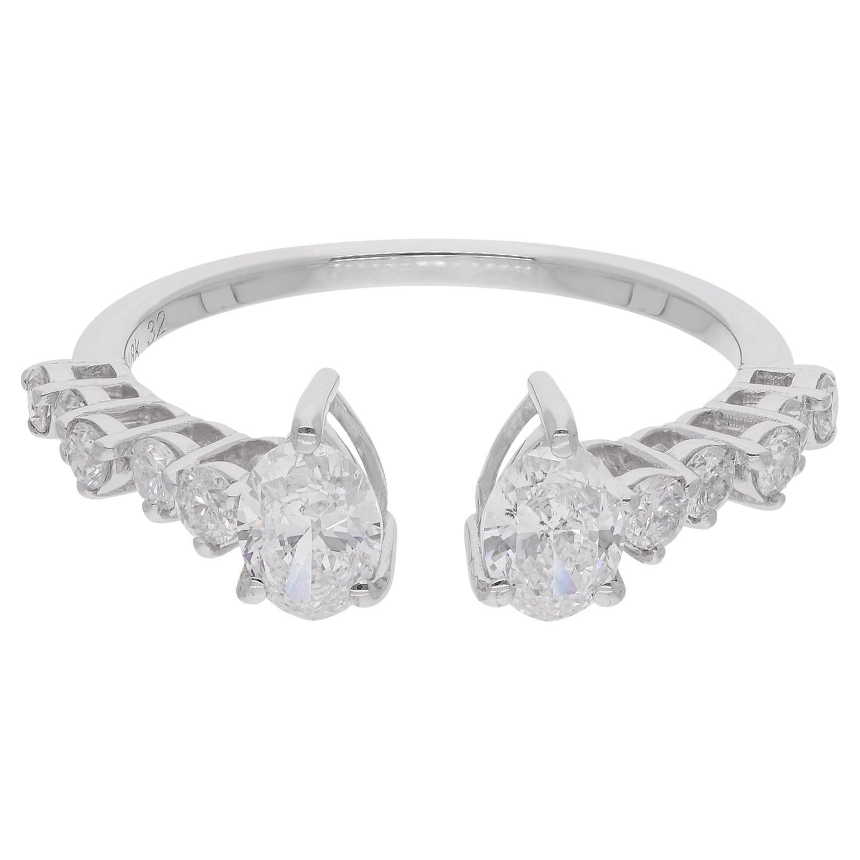 0.91 Carat Oval & Round Diamond Cuff Ring 18 Karat White Gold Handmade Jewelry For Sale