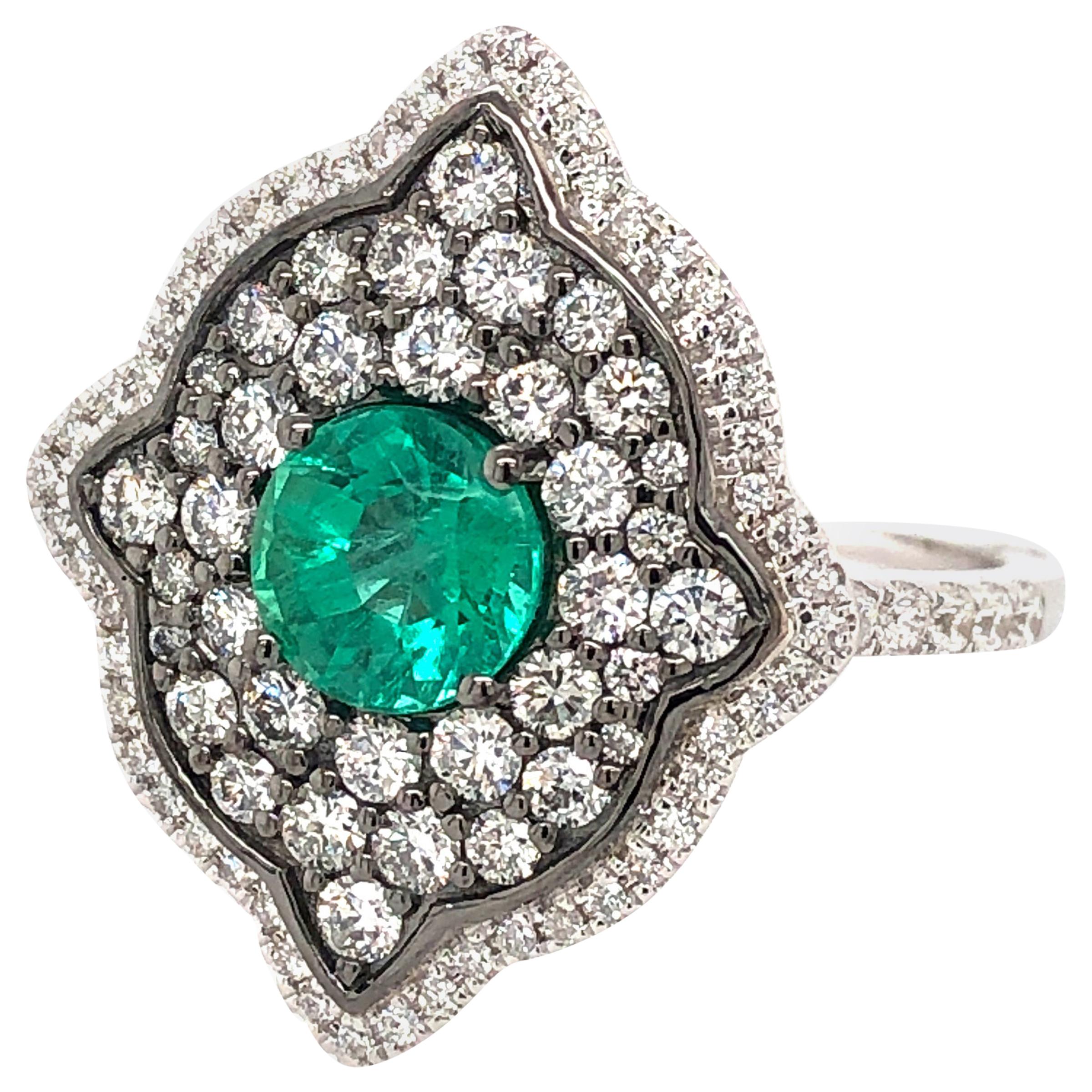 0.91 Carat Round Emerald and Diamond Cocktail Ring