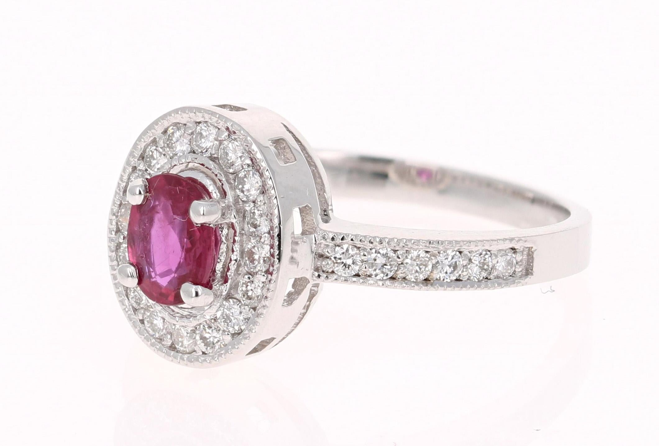 Contemporary 0.91 Carat Ruby Diamond 14 Karat White Gold Ring For Sale