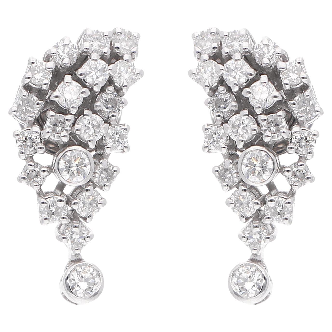 0.91 Carat SI Clarity HI Color Cluster Diamond Designer Earrings 18K White Gold