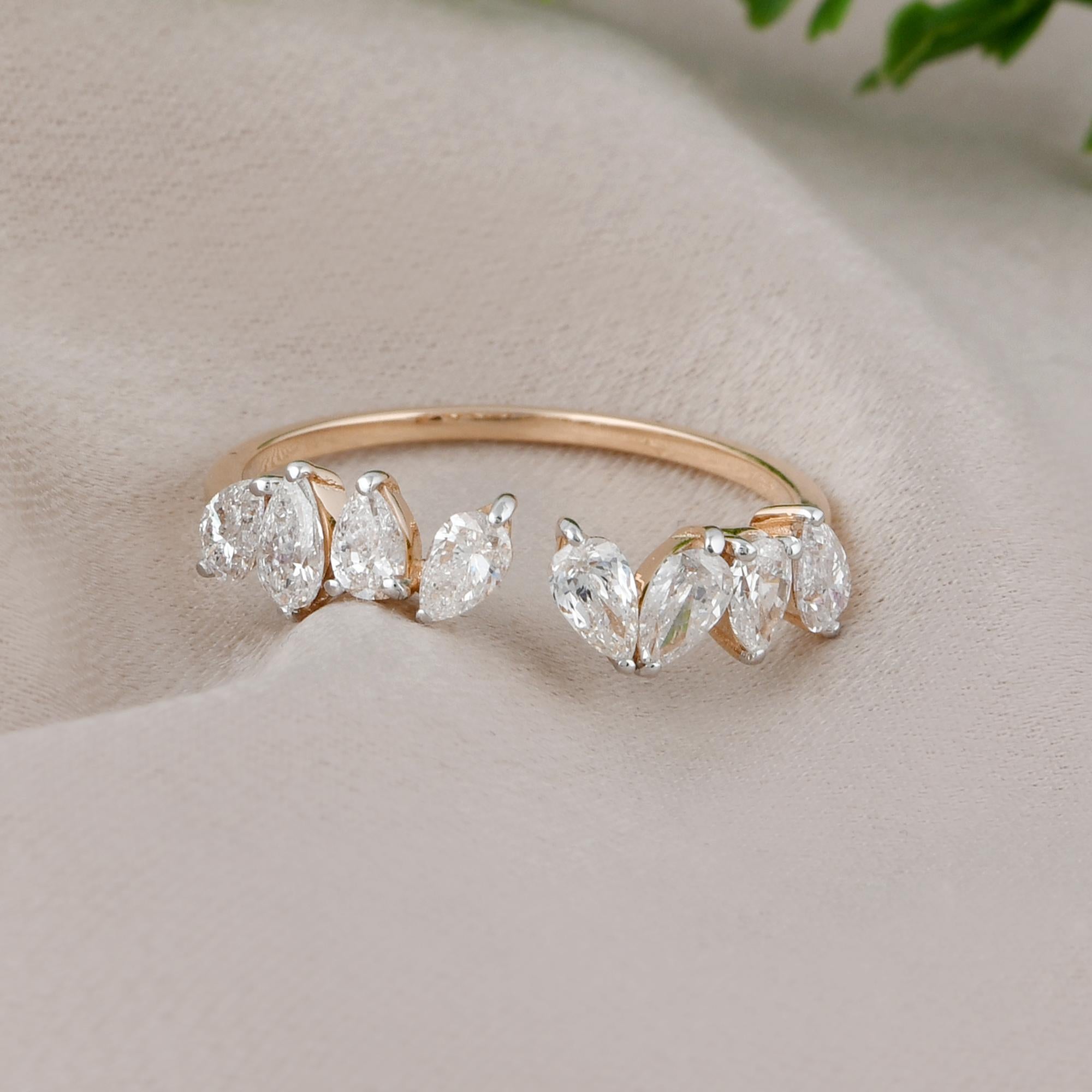 0.91 Carat SI Clarity HI Color Pear Diamond Cuff Ring 14 Karat Rose Gold Jewelry Pour femmes en vente