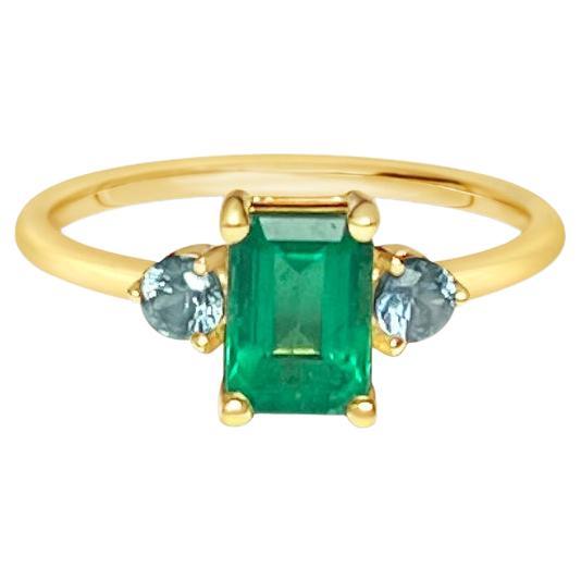 0.91 Ct Emerald and Sapphires Ring in 14k Yellow Gold For Sale