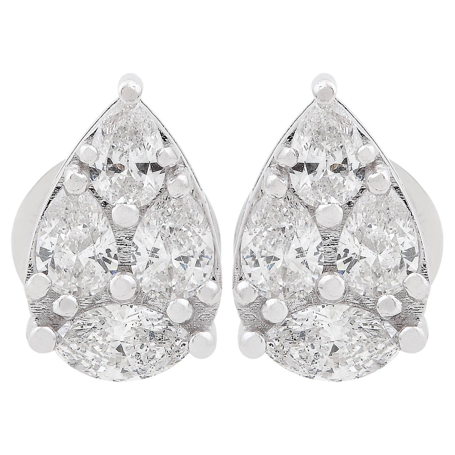 0.91 Ct SI Clarity HI Color Marquise Pear Diamond Stud Earrings 18 Kt White Gold