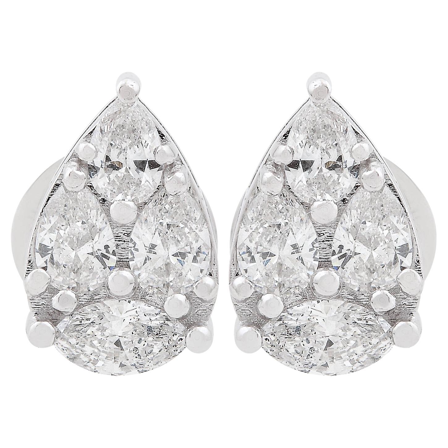 0.91 Ct SI Clarity HI Color Marquise Pear Diamond Stud Earrings 18 Kt White Gold For Sale