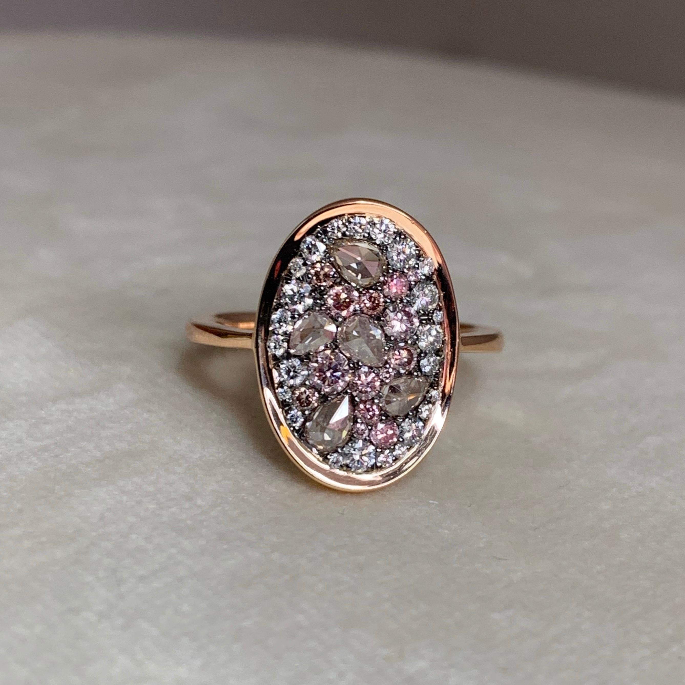 Rose Cut 0.915 Carat Fancy Pink Rose-Cut Fancy Pink and White Diamond Pave Ring