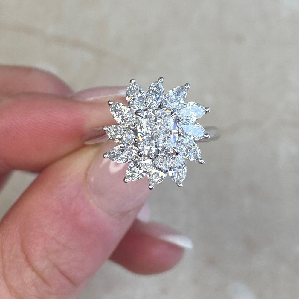 0.91ct Cushion Cut Diamond Cluster Engagement Ring, D Color,  18k White Gold For Sale 5